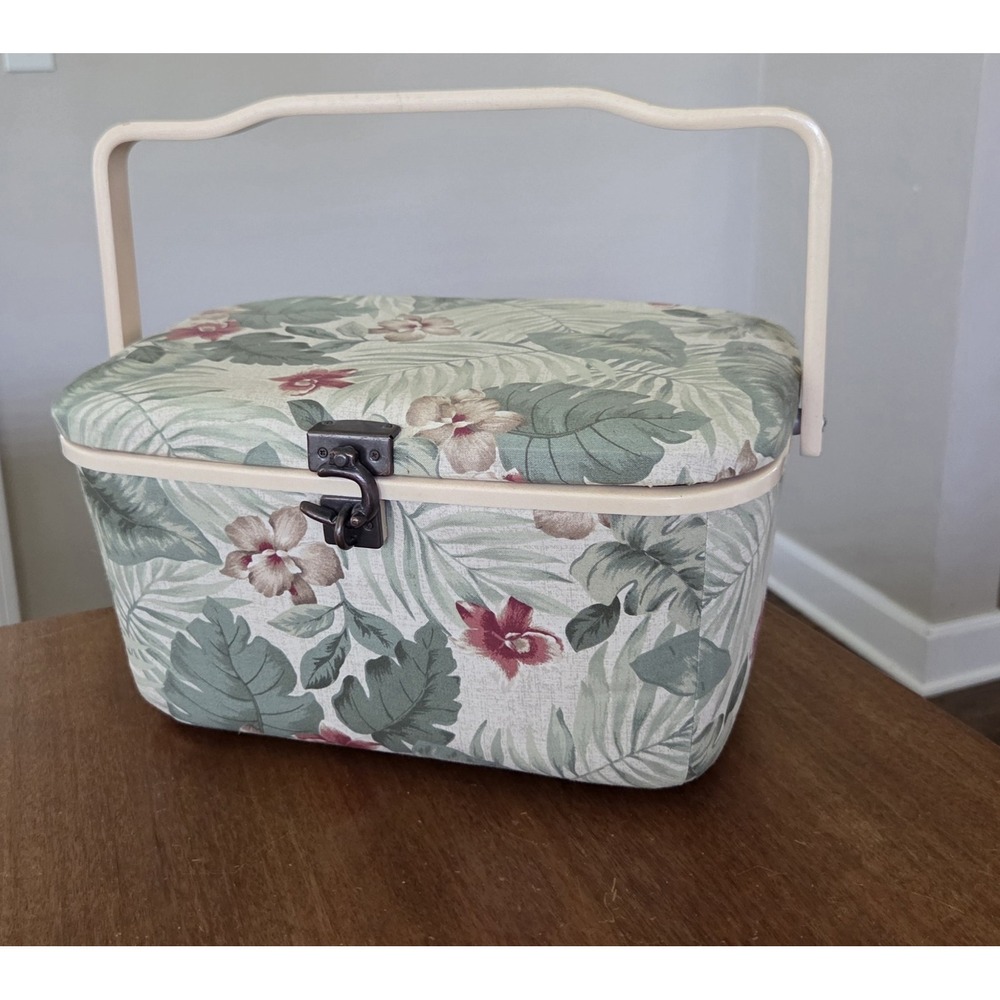 Vtg Sewing Box Tropical Floral With Tray Crafter Artsy Organizer